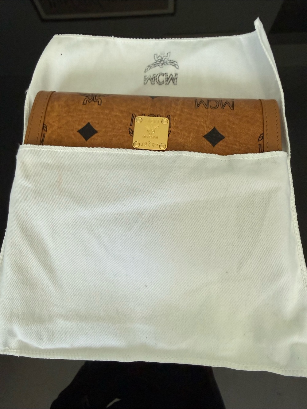 MCM Cognac Visetos Monogram Zip Wallet with Gold Plaque